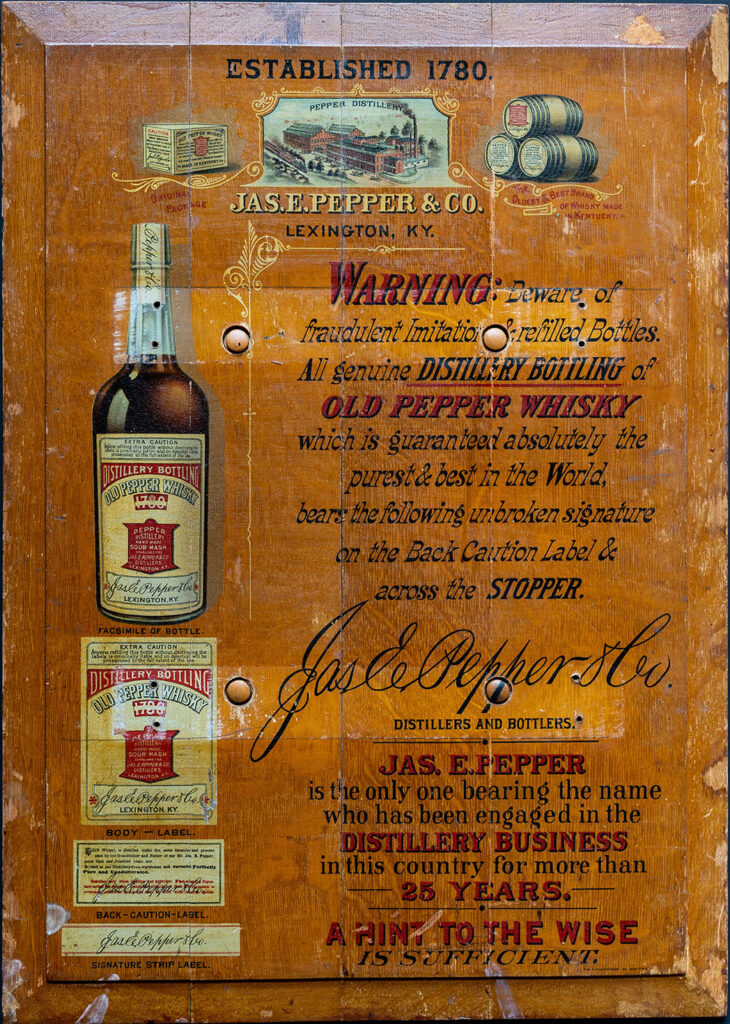 Old Pepper Distillery-Bottling Wooden Sign, ca. 1890